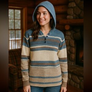 Cozy Striped Knit Wool Hoodie Sweater Blue Beige Cream Boho Pullover Small